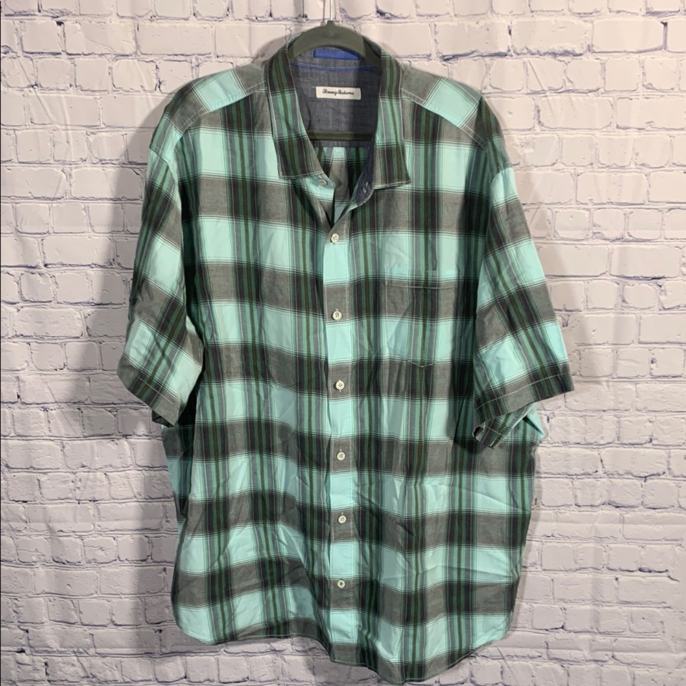 Tommy Bahama Mens Plaid Short Sleeve Button Down Blue Gray 3XL Western Outdoor